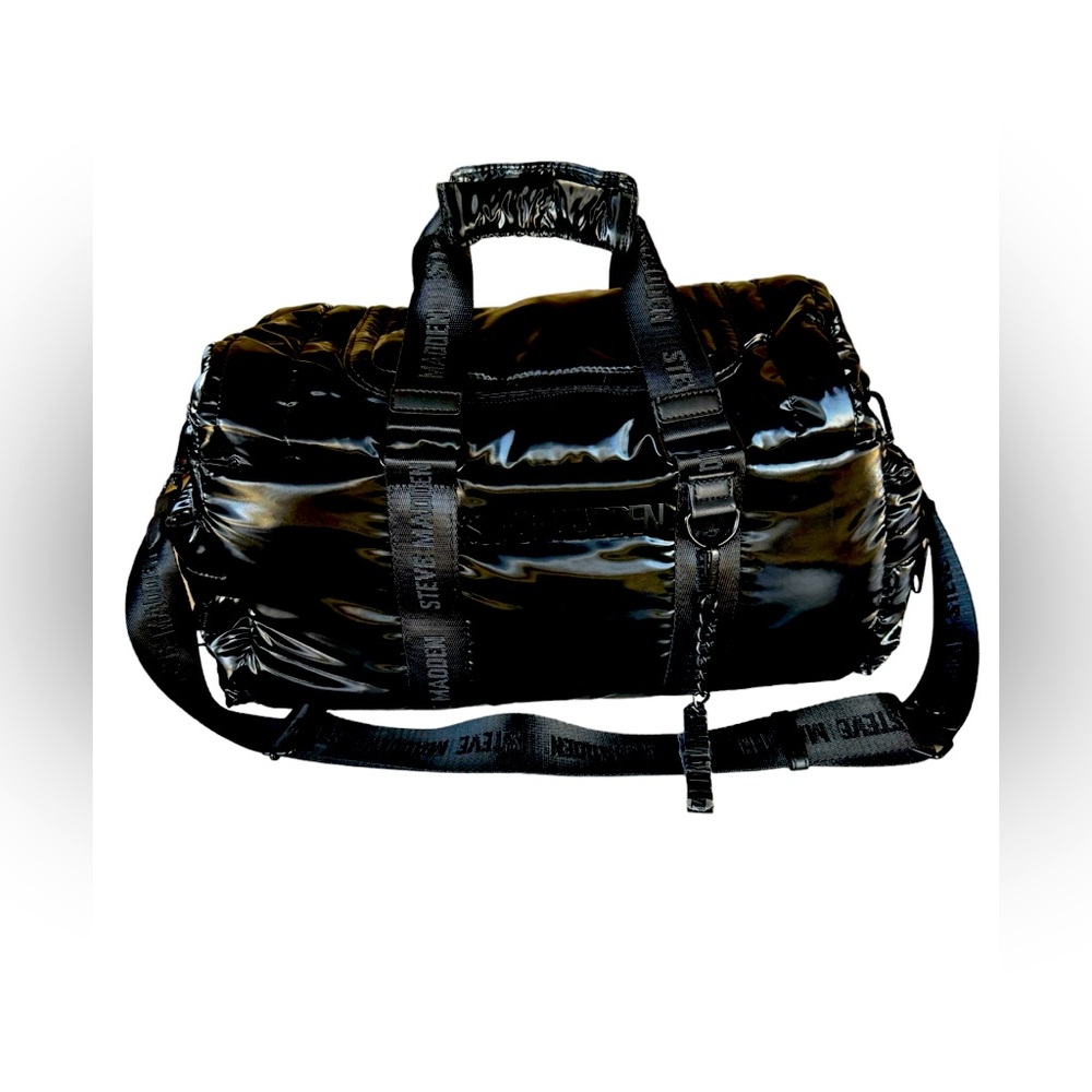 Steve Madden Metallic Vinyl Weekender Duffel Bag- Black